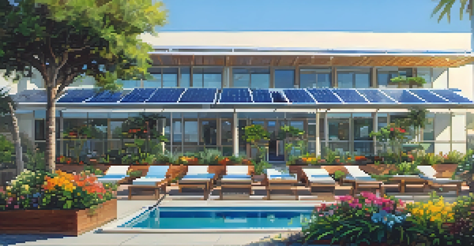 A picturesque eco-friendly hotel in Santa Monica with solar panels, lush gardens, and a view of the ocean under a clear blue sky.