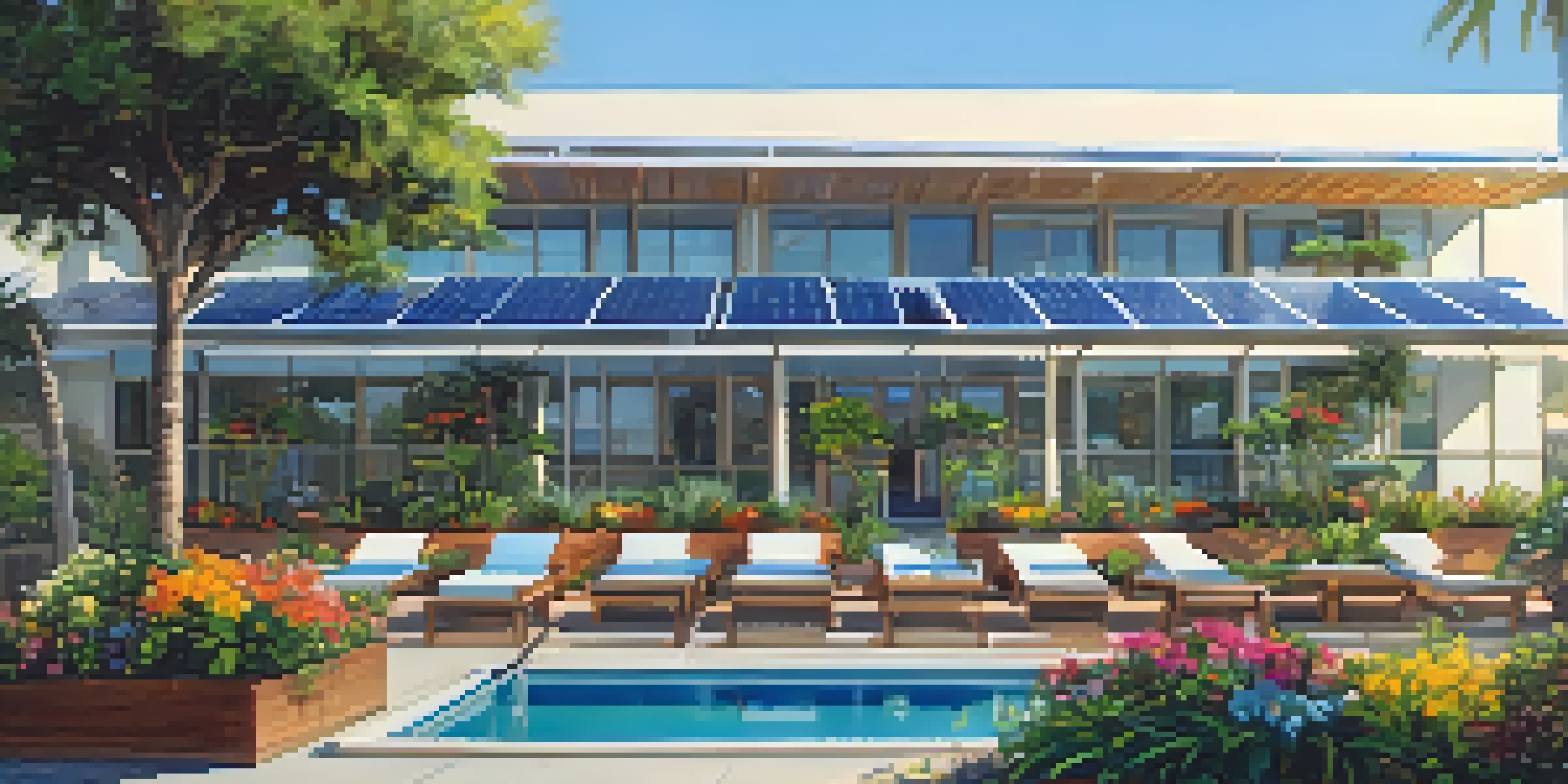 A picturesque eco-friendly hotel in Santa Monica with solar panels, lush gardens, and a view of the ocean under a clear blue sky.