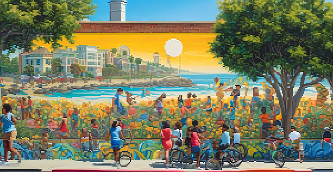 A colorful mural representing a diverse community in Santa Monica, featuring people enjoying various activities amidst nature and urban scenery.