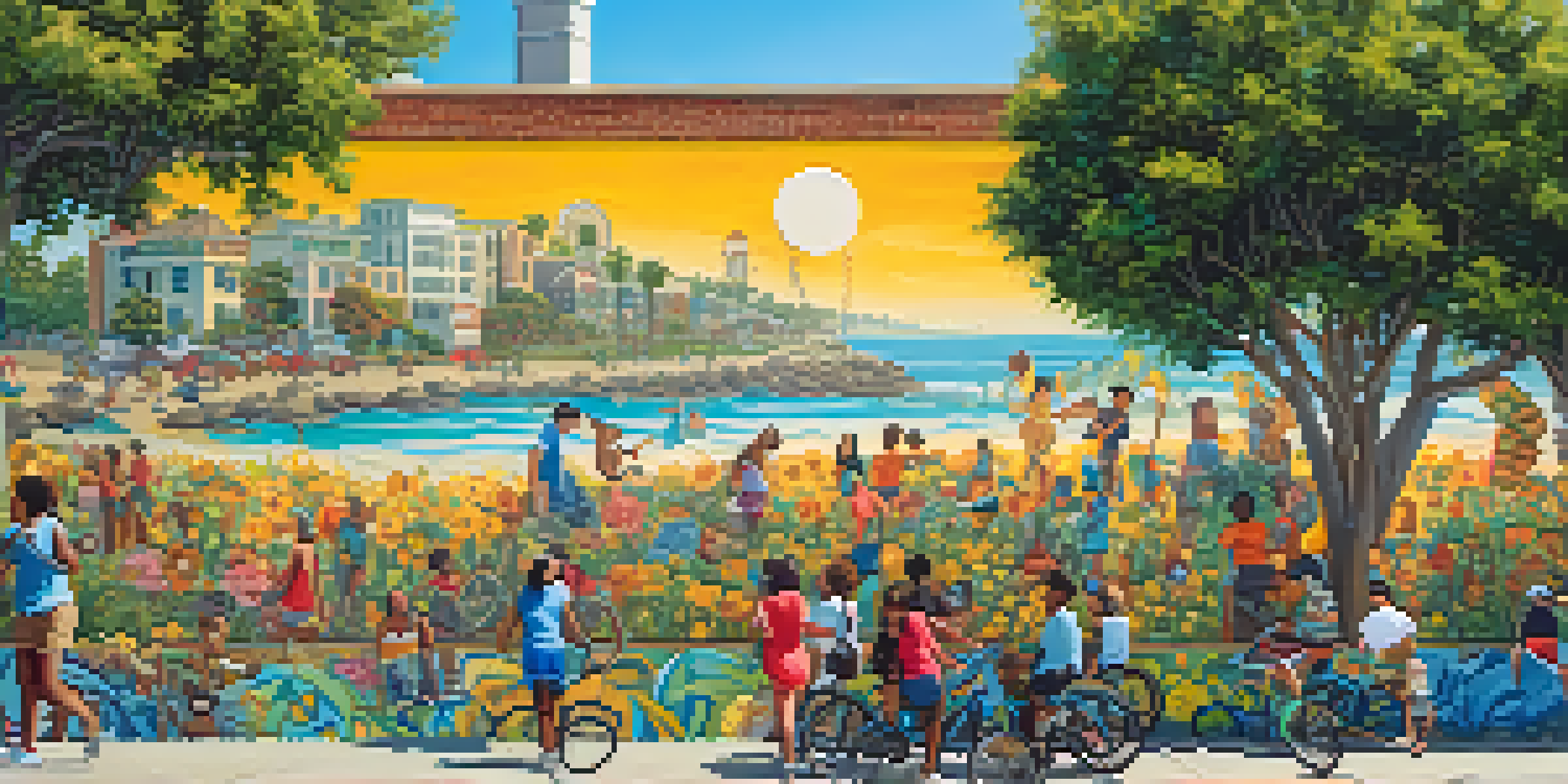 A colorful mural representing a diverse community in Santa Monica, featuring people enjoying various activities amidst nature and urban scenery.