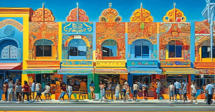 A colorful mural representing cultural diversity in Santa Monica, with people of different backgrounds appreciating the art under a bright blue sky.