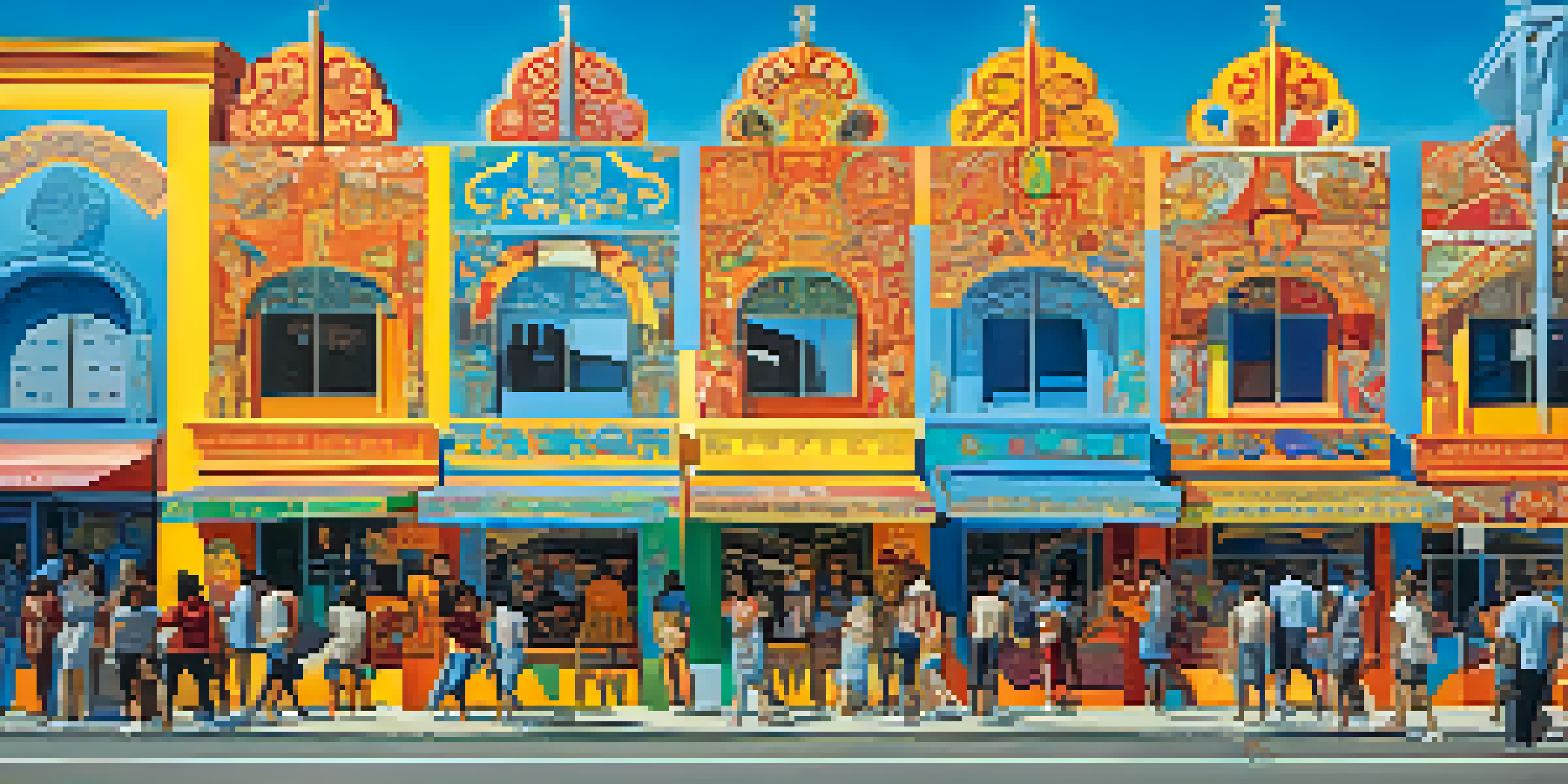 A colorful mural representing cultural diversity in Santa Monica, with people of different backgrounds appreciating the art under a bright blue sky.
