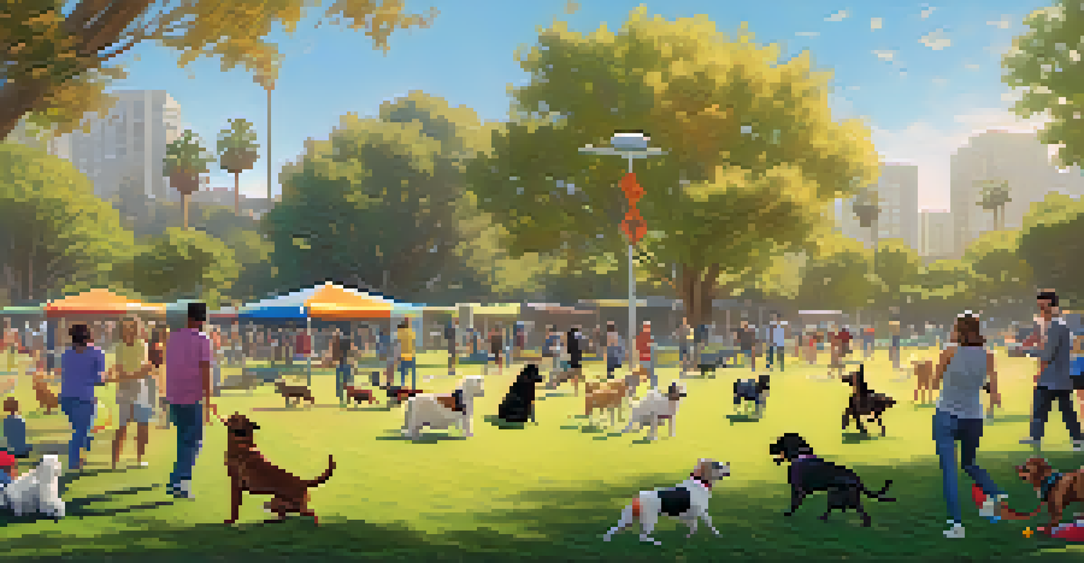 Dogs playing together in a Santa Monica dog park, with owners chatting and enjoying the sunny day.