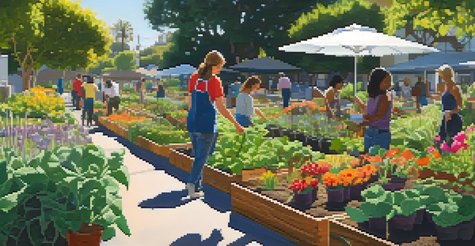 A colorful community garden with people of different backgrounds planting and watering vegetables under sunlight.