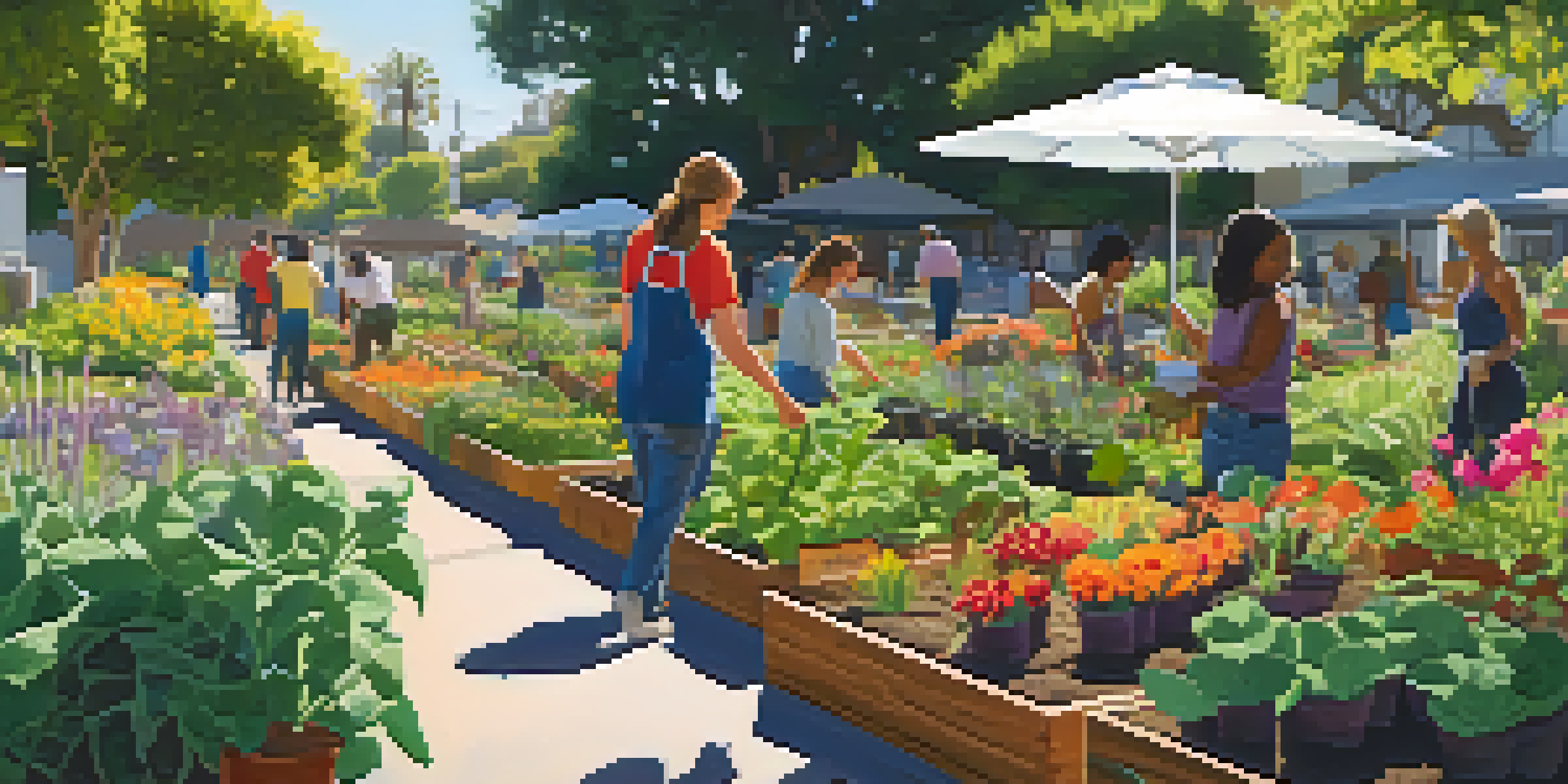A colorful community garden with people of different backgrounds planting and watering vegetables under sunlight.