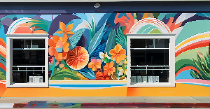 A colorful mural on a sunny street in Santa Monica, depicting flowers and waves, with people interacting in front of it.