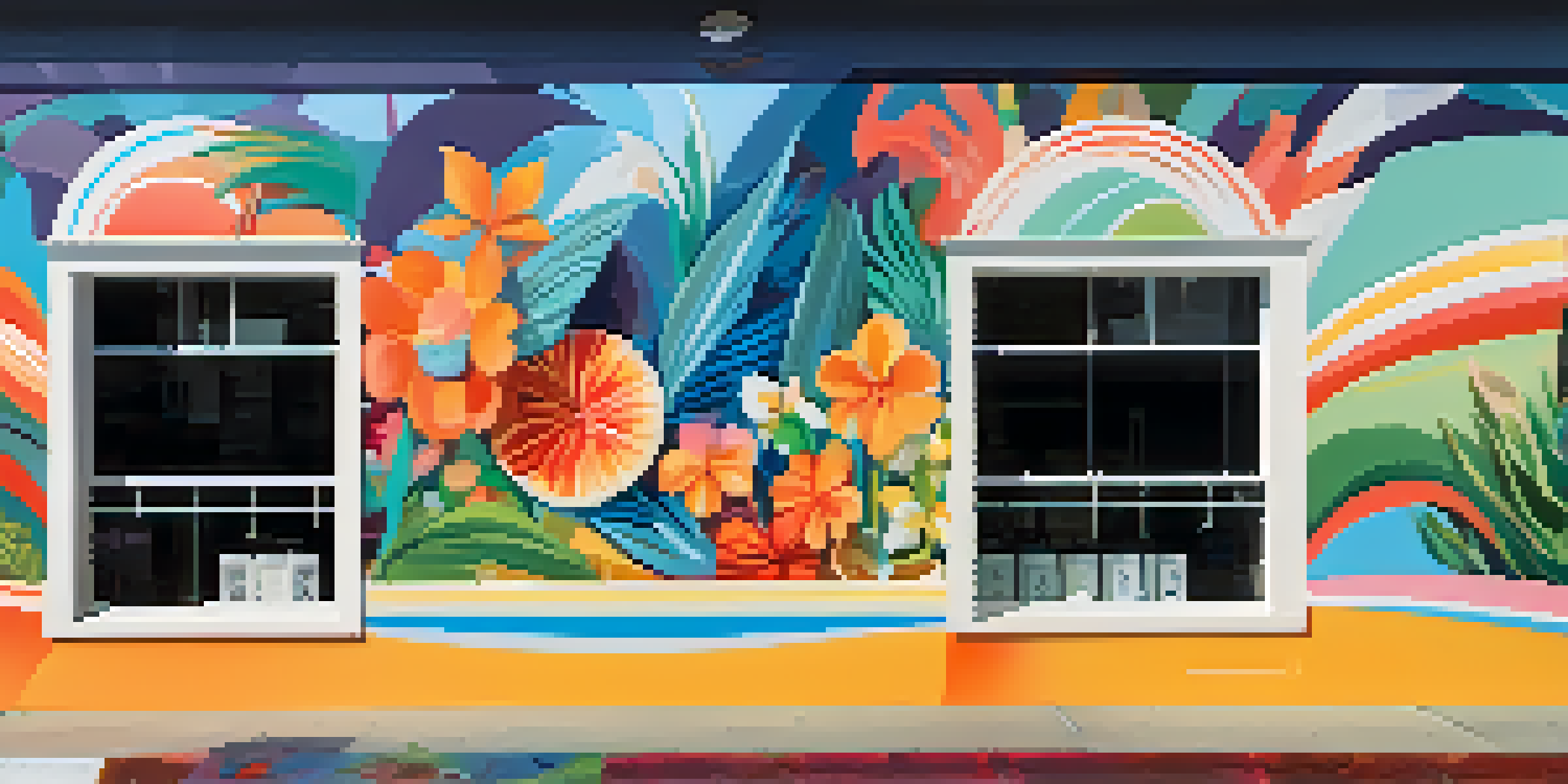 A colorful mural on a sunny street in Santa Monica, depicting flowers and waves, with people interacting in front of it.