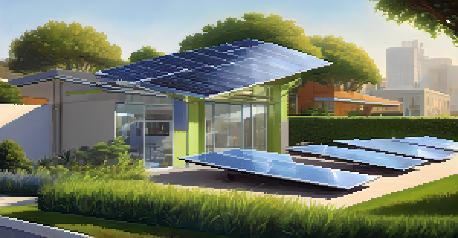 A close-up of advanced renewable energy technology, featuring solar panels and a smart grid control panel in an urban environment.