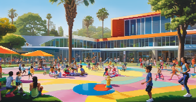 A lively community center scene in Santa Monica with children playing, adults exercising, and a bright sunny atmosphere.