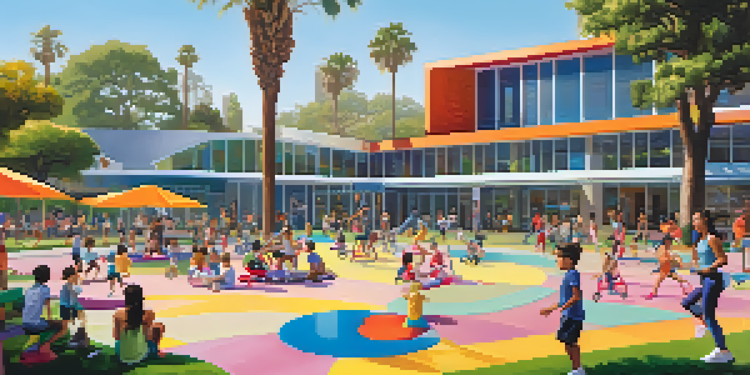 A lively community center scene in Santa Monica with children playing, adults exercising, and a bright sunny atmosphere.