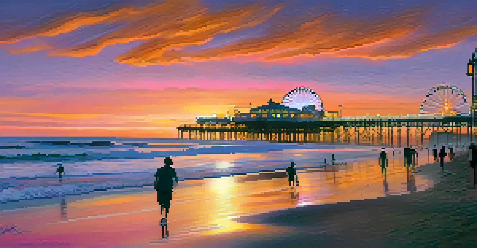 A sunset over Santa Monica Beach with the pier in the foreground and people strolling along the shore.