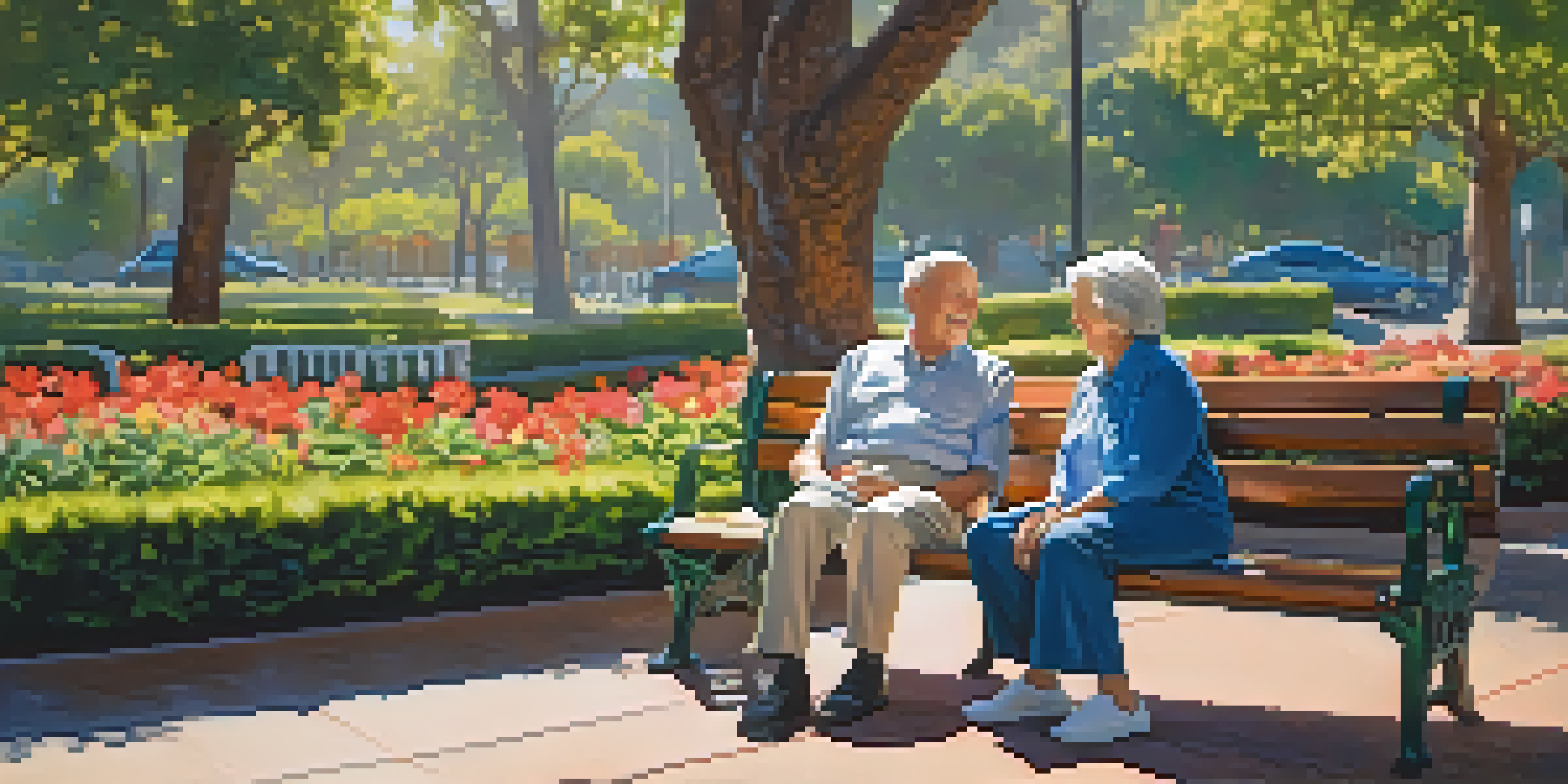 A senior couple happily sitting on a park bench in a garden, enjoying their time together.