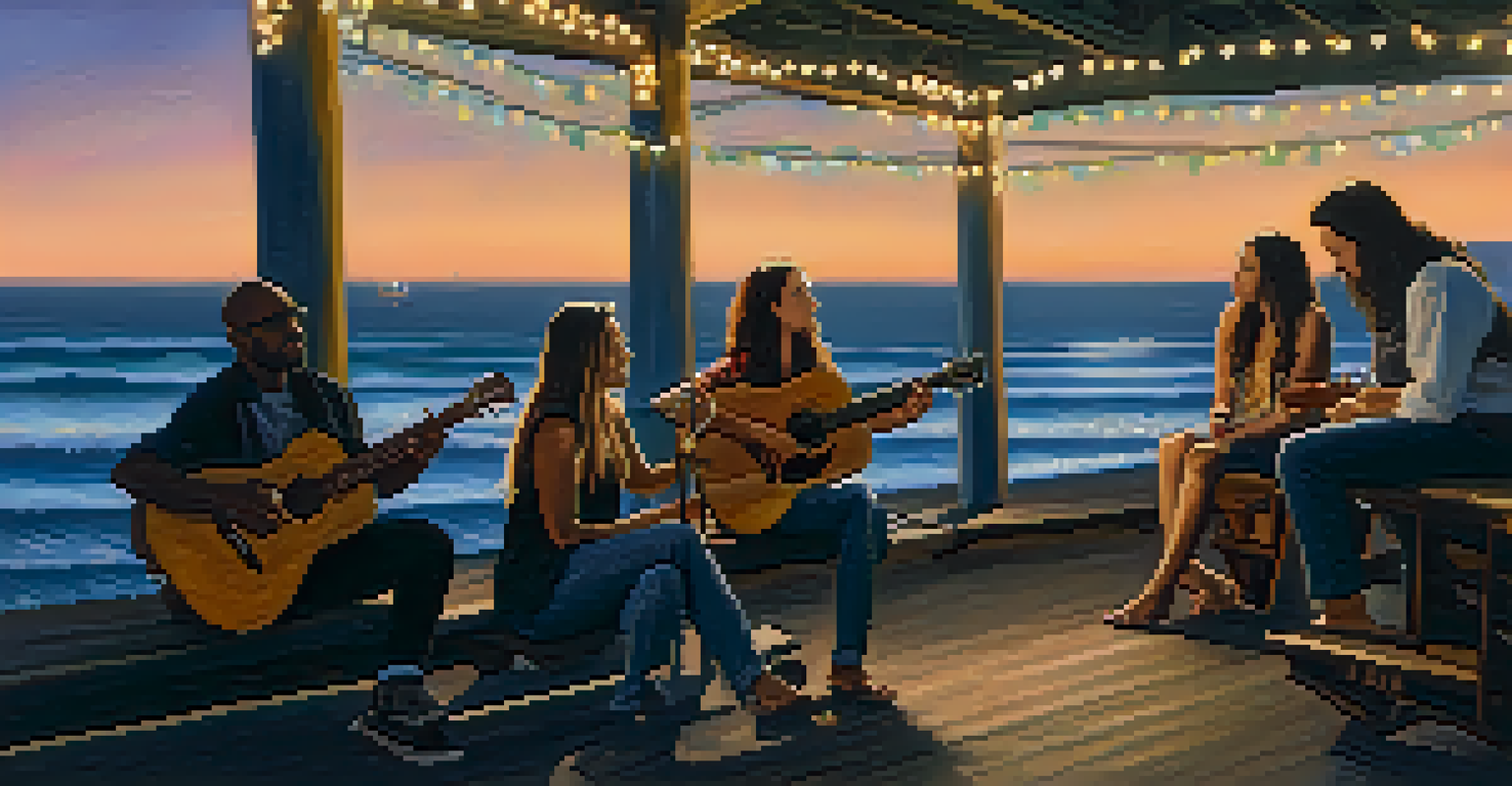A woman performing with a guitar on the Santa Monica Pier at twilight, with an audience sitting nearby and ocean waves in the background.