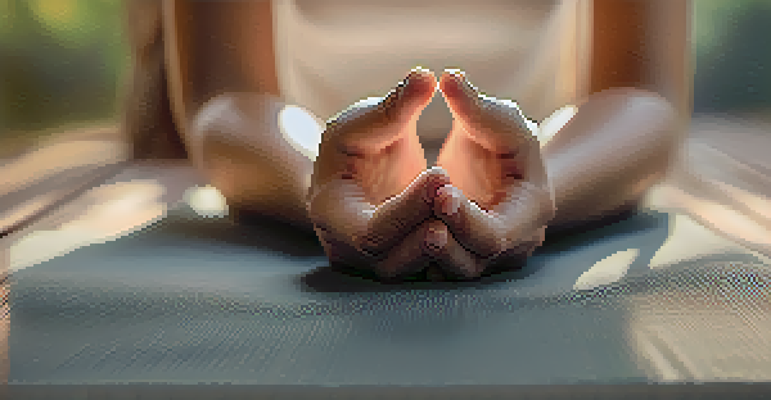 Close-up of hands in a meditative gesture on a yoga mat, with a blurred peaceful nature scene in the background.