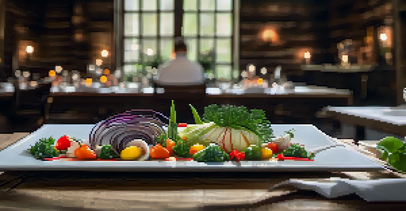 A beautifully plated dish on a rustic wooden table, featuring seasonal vegetables, with blurred figures of chefs in the background enjoying their food.