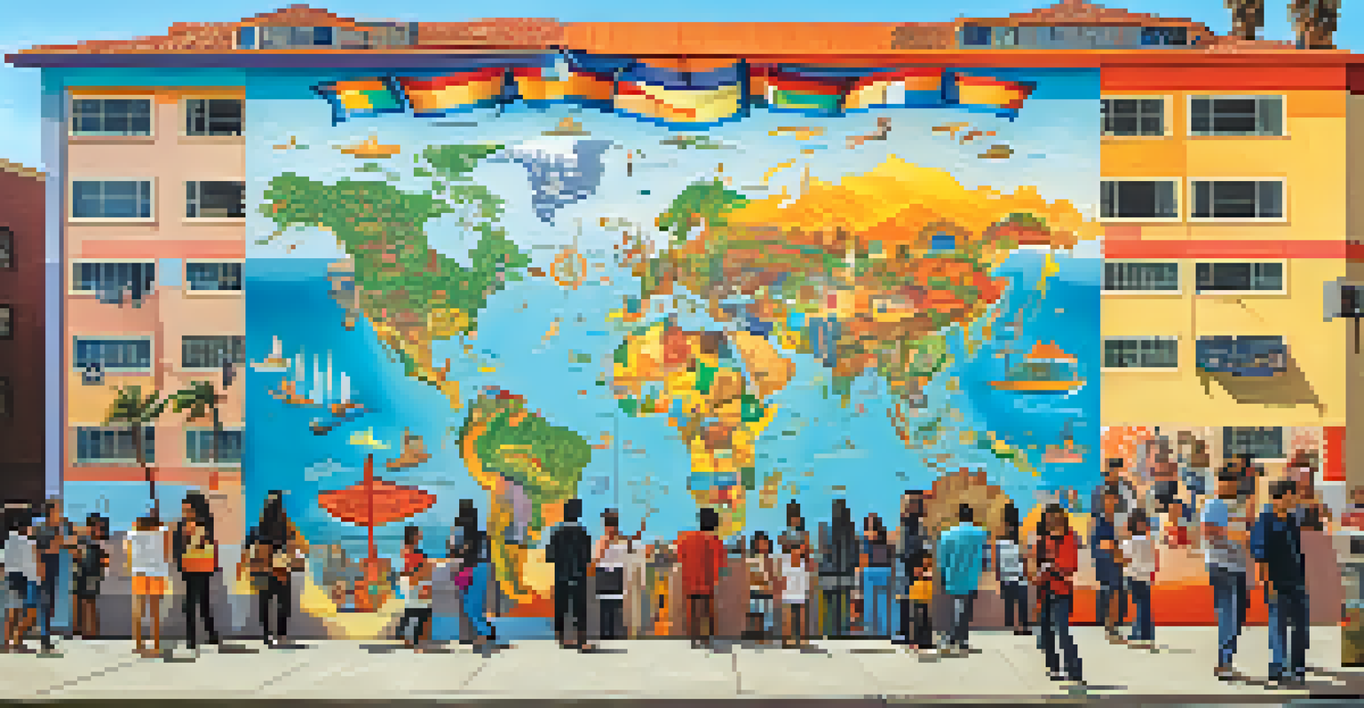 A colorful mural representing a world map with cultural symbols, with diverse people admiring it in Santa Monica.
