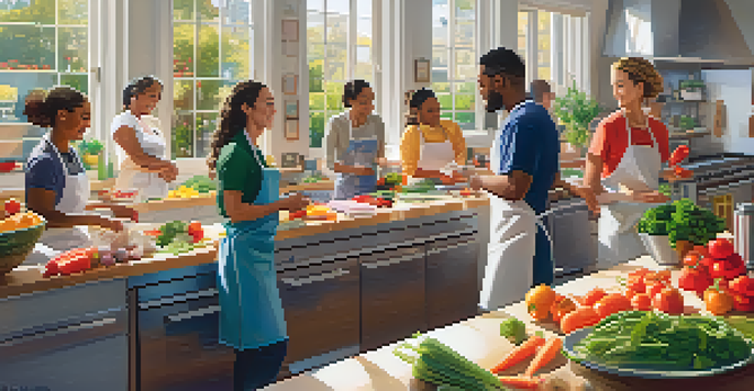 A lively culinary workshop with diverse participants chopping vegetables in a bright kitchen filled with colorful ingredients and sunlight.