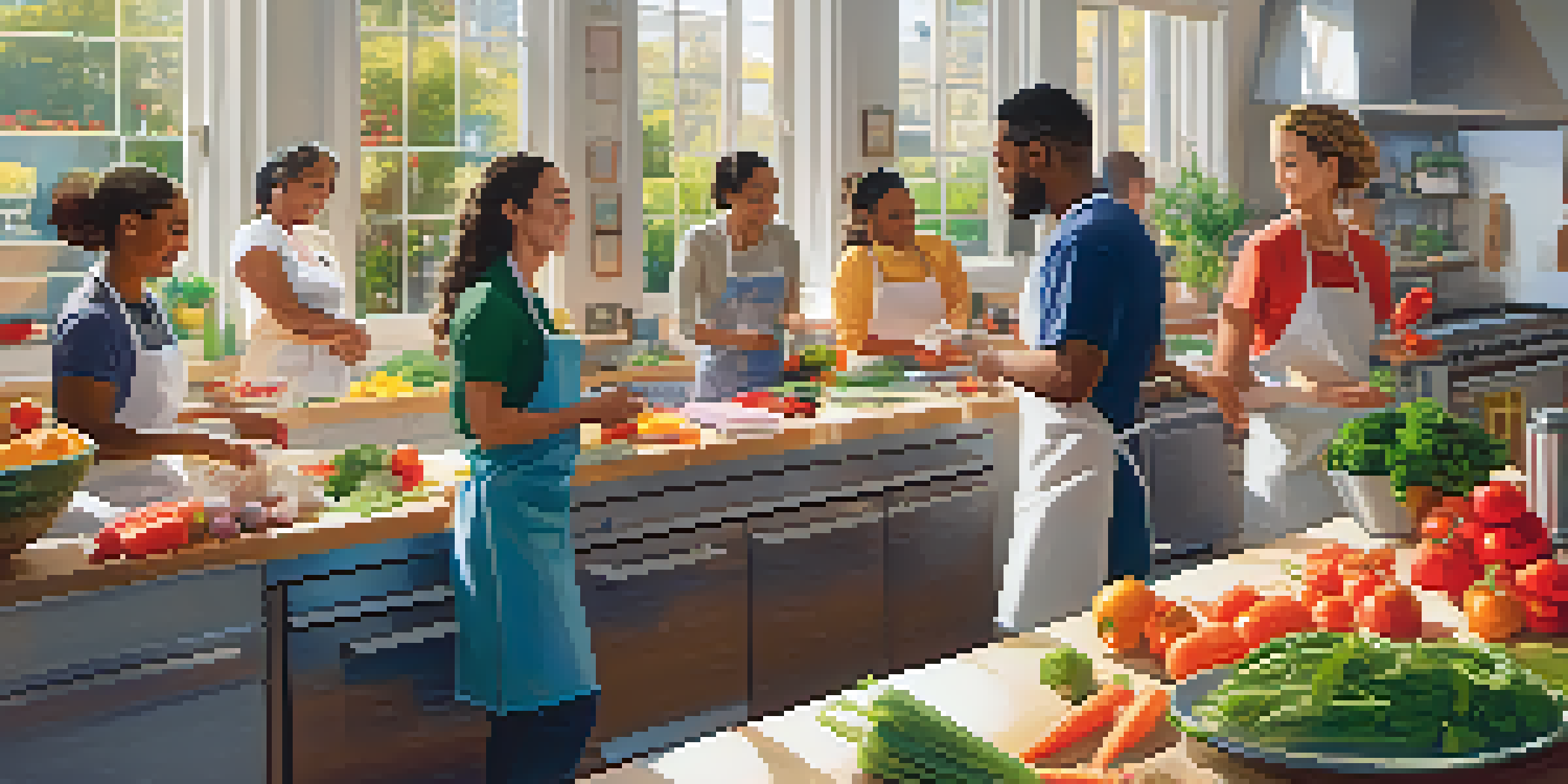 A lively culinary workshop with diverse participants chopping vegetables in a bright kitchen filled with colorful ingredients and sunlight.