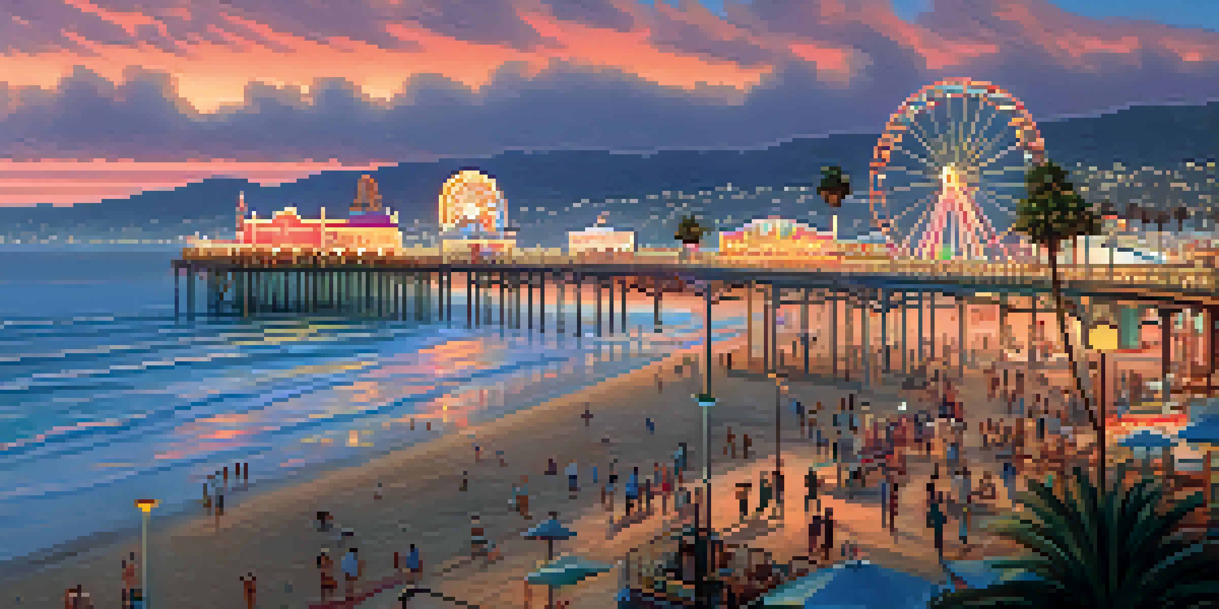 A sunset view of Santa Monica Pier with families on the rides and colorful lights on the carousel.