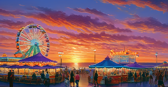 A scenic sunset view of Santa Monica Pier with amusement rides and people enjoying the vibrant atmosphere.