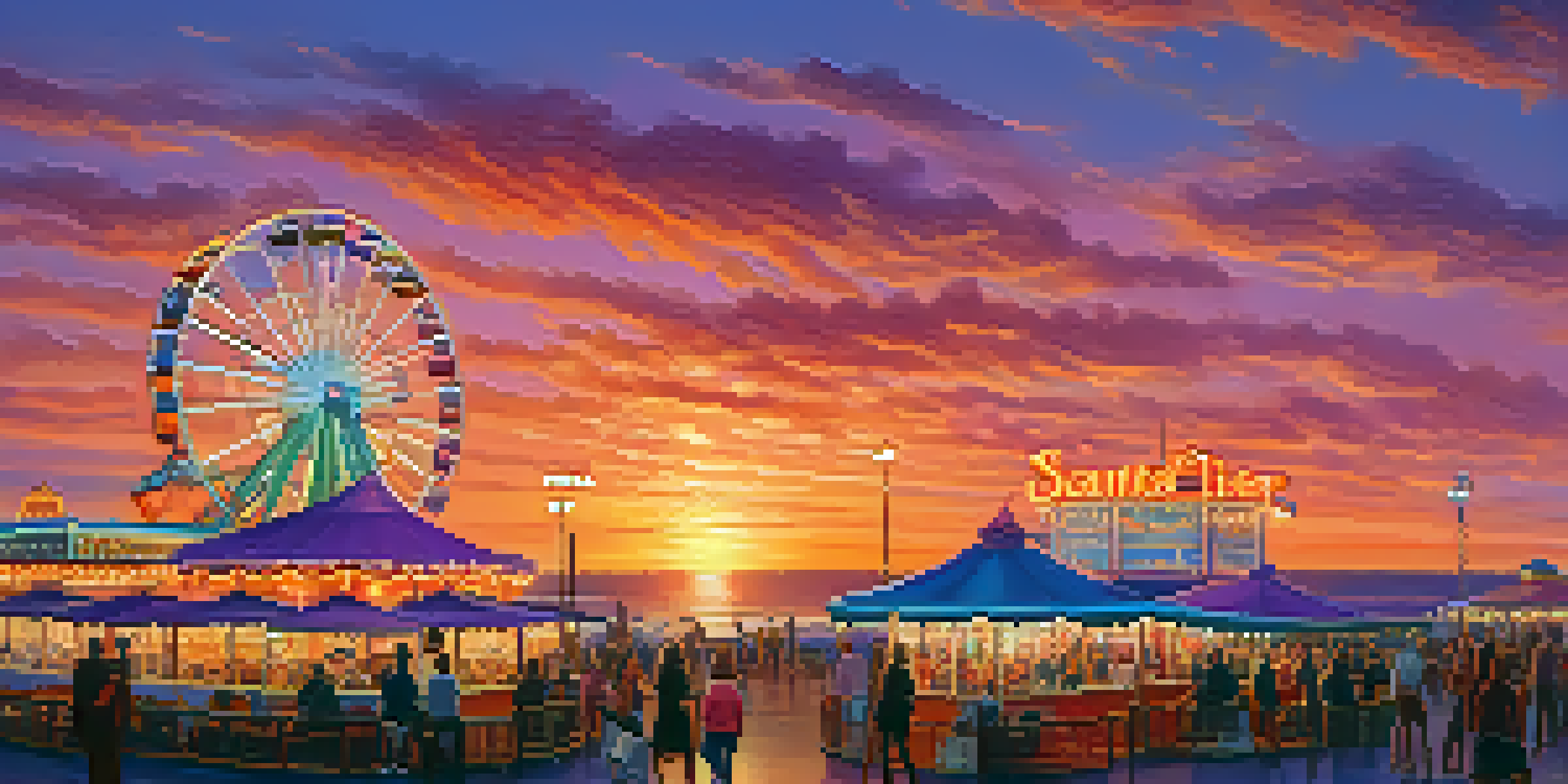 A scenic sunset view of Santa Monica Pier with amusement rides and people enjoying the vibrant atmosphere.