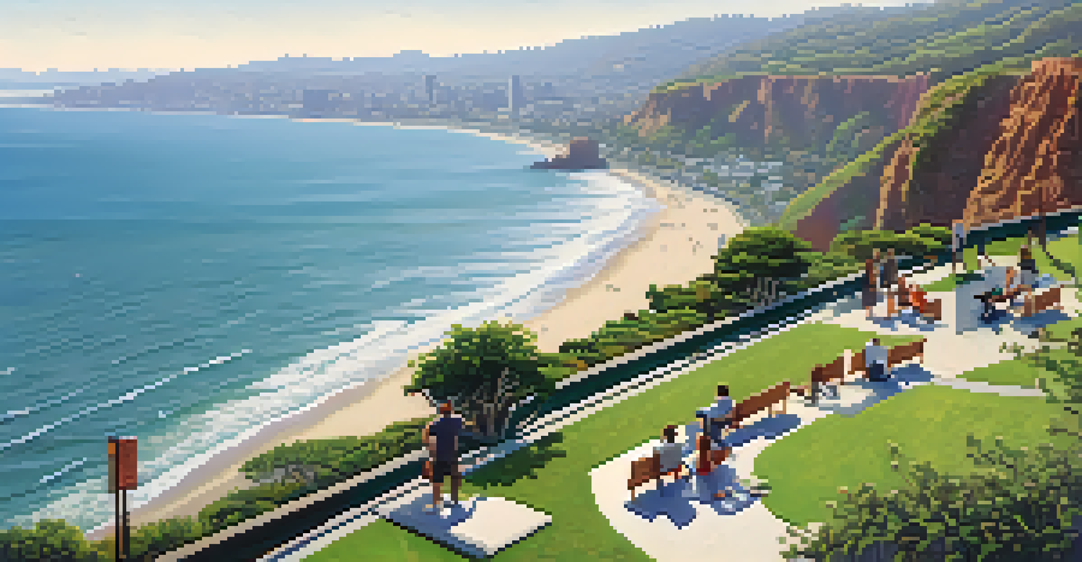 Aerial view of Palisades Park with lush greenery and ocean cliffs.
