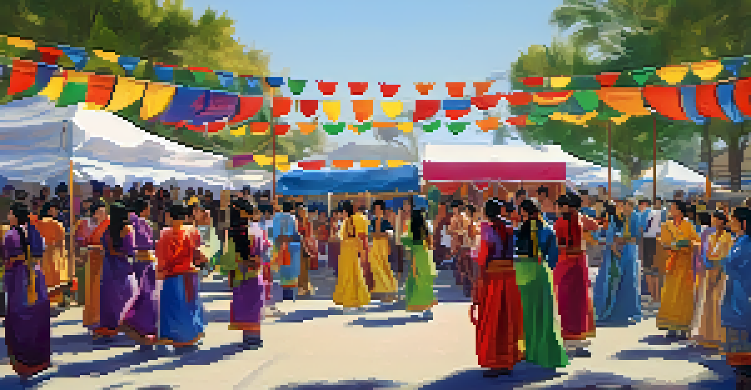 A cultural festival at Santa Monica College with students in traditional attire, food stalls, and colorful decorations.
