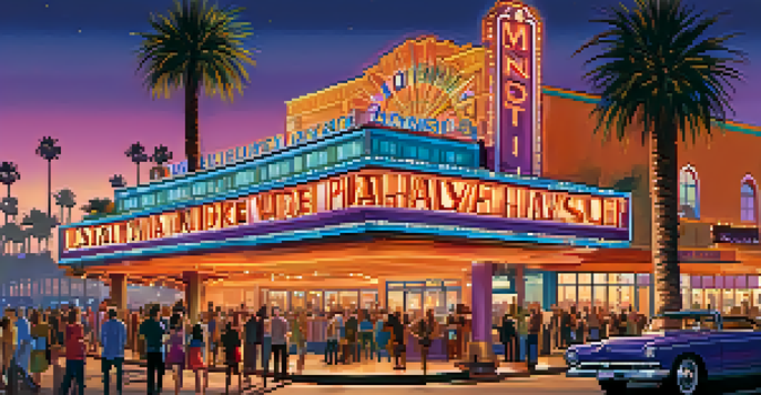 An exterior view of the Santa Monica Playhouse during sunset, with colorful lights and a crowd of people approaching the entrance.