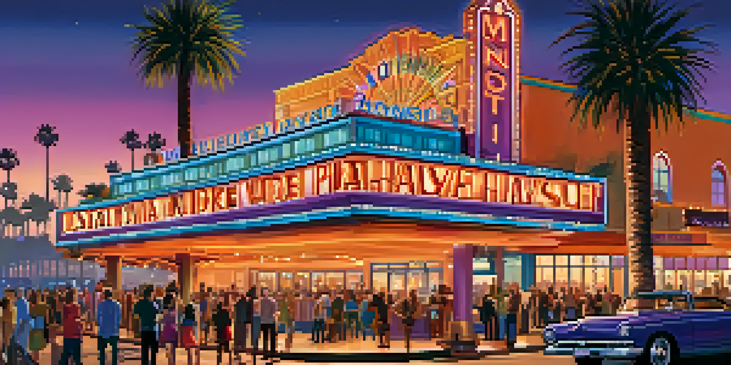 An exterior view of the Santa Monica Playhouse during sunset, with colorful lights and a crowd of people approaching the entrance.
