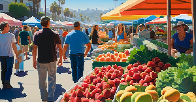 A bustling farmers market with colorful fruits and vegetables, including strawberries and peaches, with farmers interacting with customers.