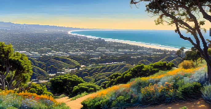 Scenic viewpoint showcasing lush greenery and panoramic vistas of the Pacific Ocean and Los Angeles from Will Rogers State Historic Park.