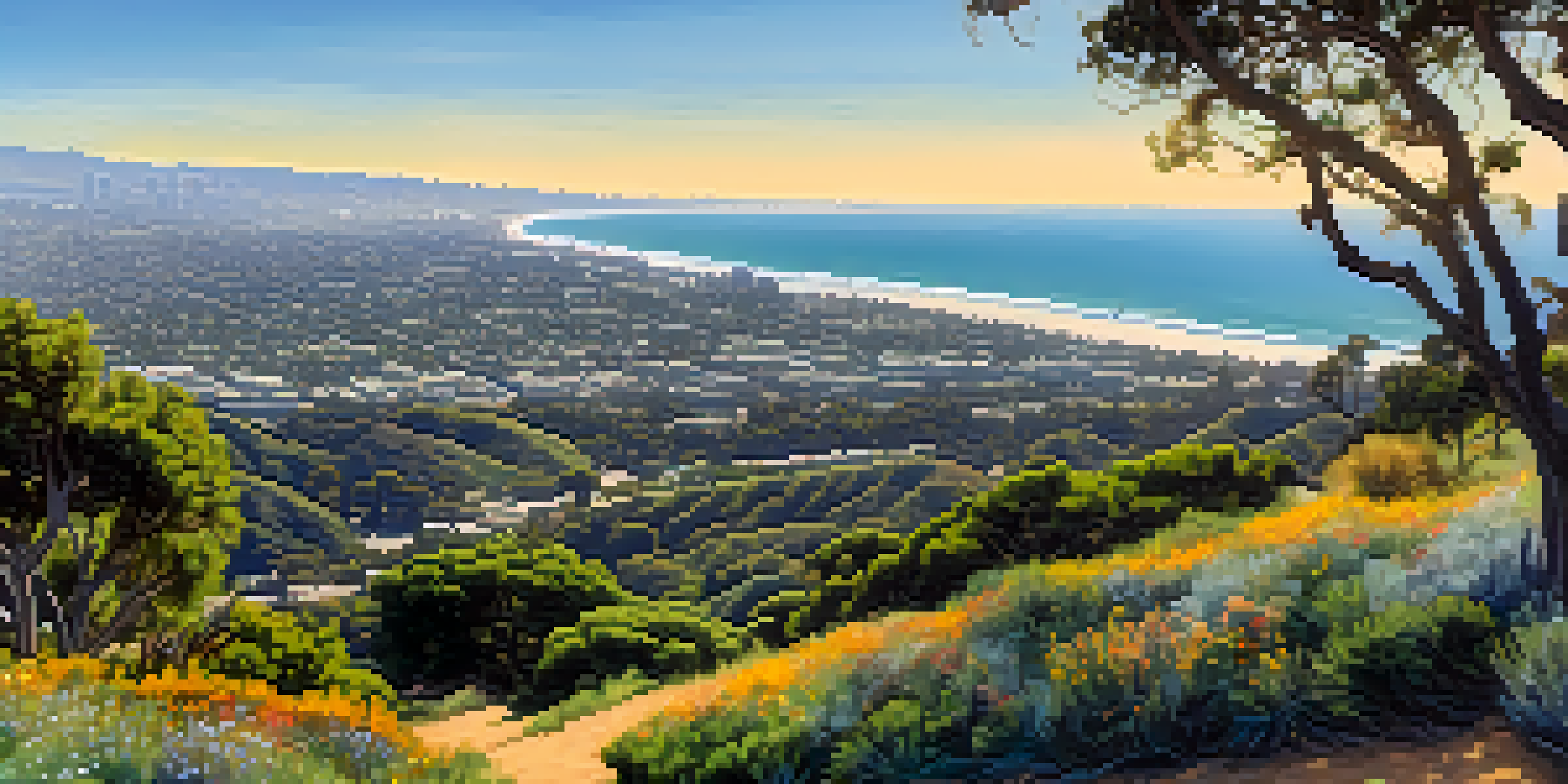 Scenic viewpoint showcasing lush greenery and panoramic vistas of the Pacific Ocean and Los Angeles from Will Rogers State Historic Park.