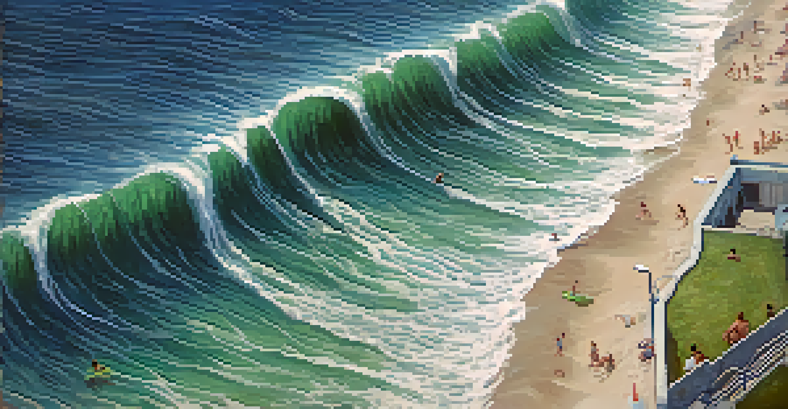 An aerial view of a rip current in the ocean, with a lifeguard observing from a distance.