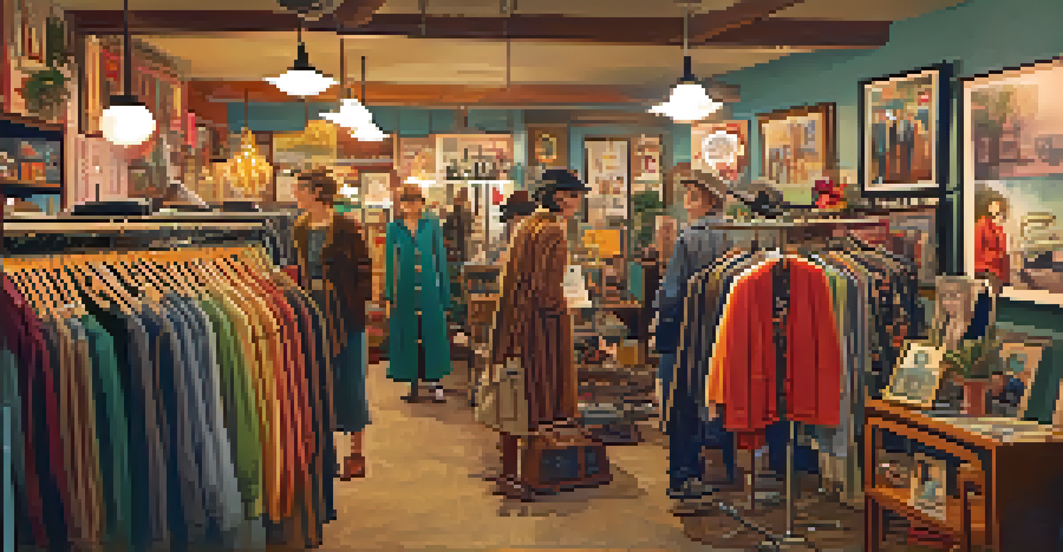 An inviting interior of a vintage thrift shop filled with colorful clothing and accessories, with shoppers browsing.