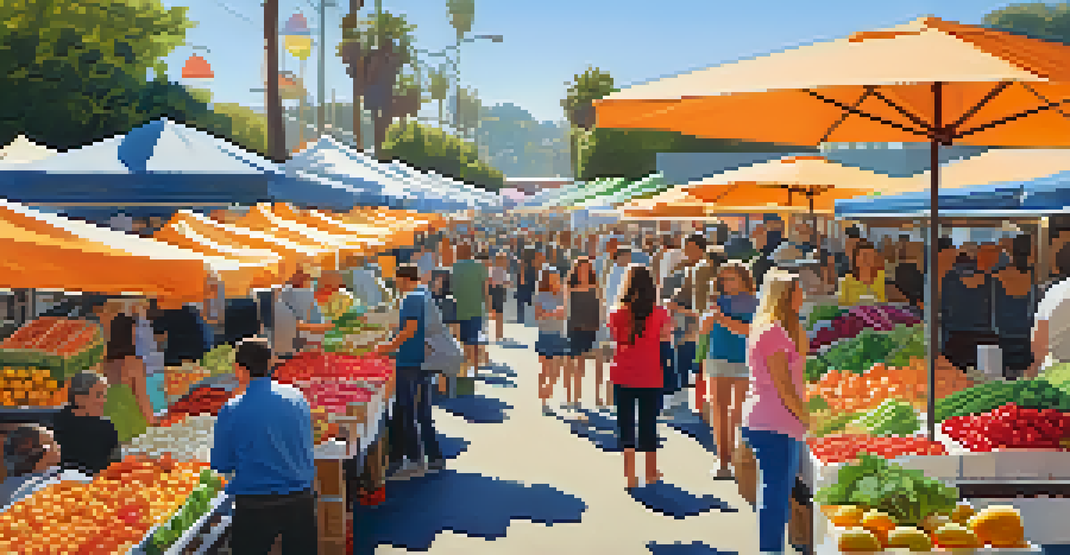 A lively Santa Monica Farmers Market with colorful stalls of fresh produce and flowers, and people interacting under the sun.