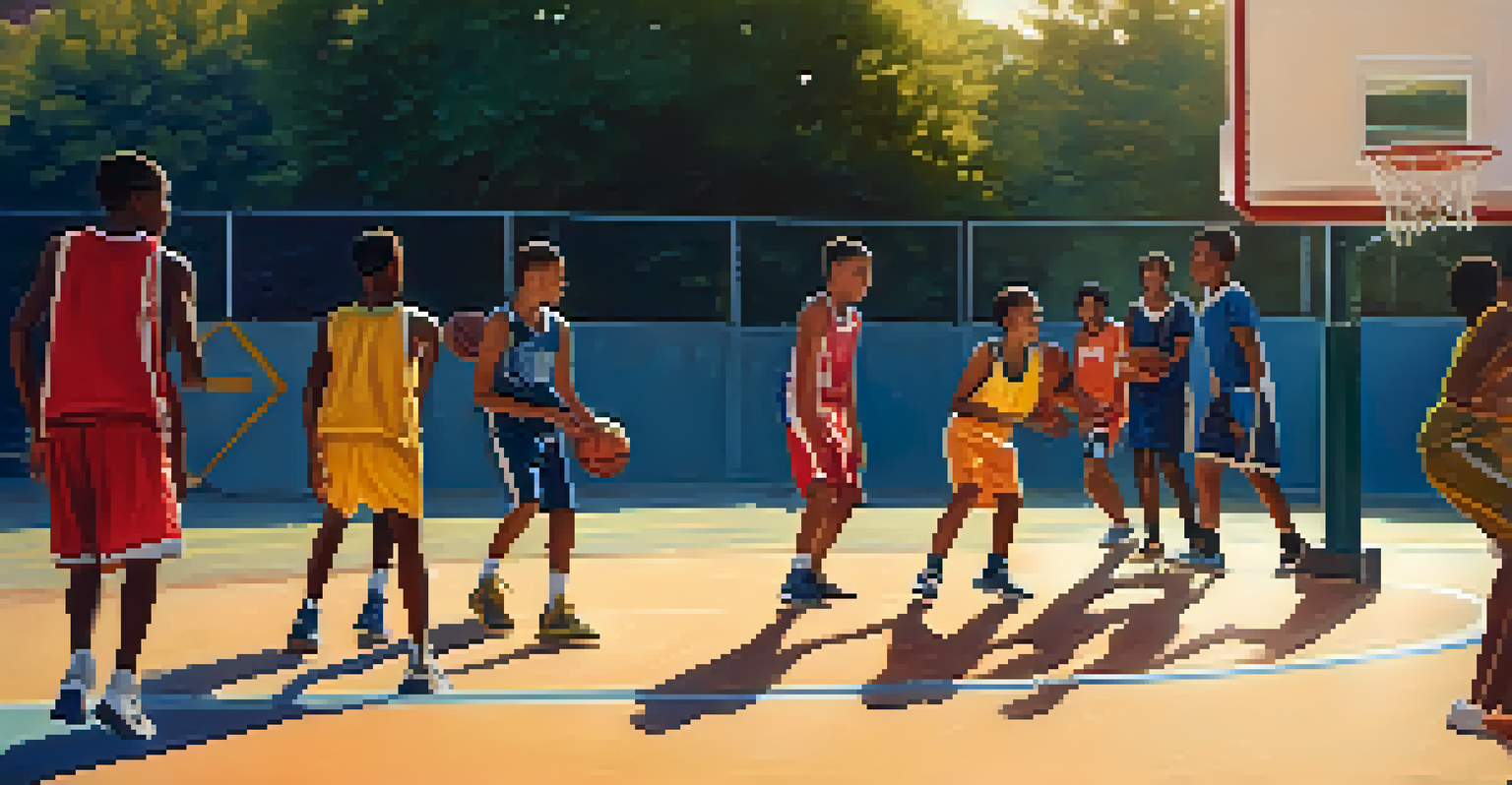 A diverse group of young basketball players practicing on an outdoor court in Santa Monica, highlighting their focus and determination.