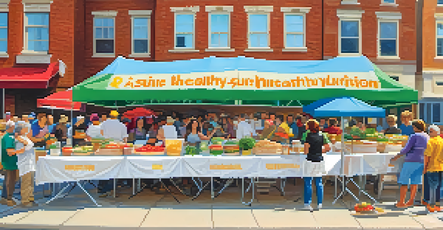 An outdoor community food bank event with volunteers and families enjoying a sunny day.