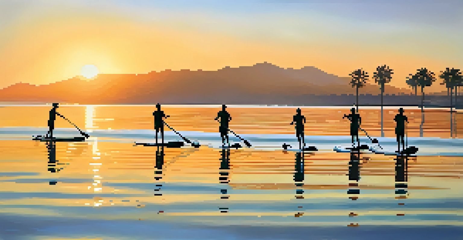 Stand-up paddleboarders on calm waters at sunrise in Santa Monica Bay, with dolphins nearby and palm trees in the background.