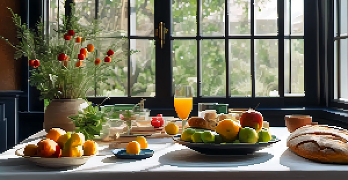 A dining table beautifully arranged with seasonal ingredients and fruits, illuminated by soft natural light, creating a serene atmosphere for mindful eating.