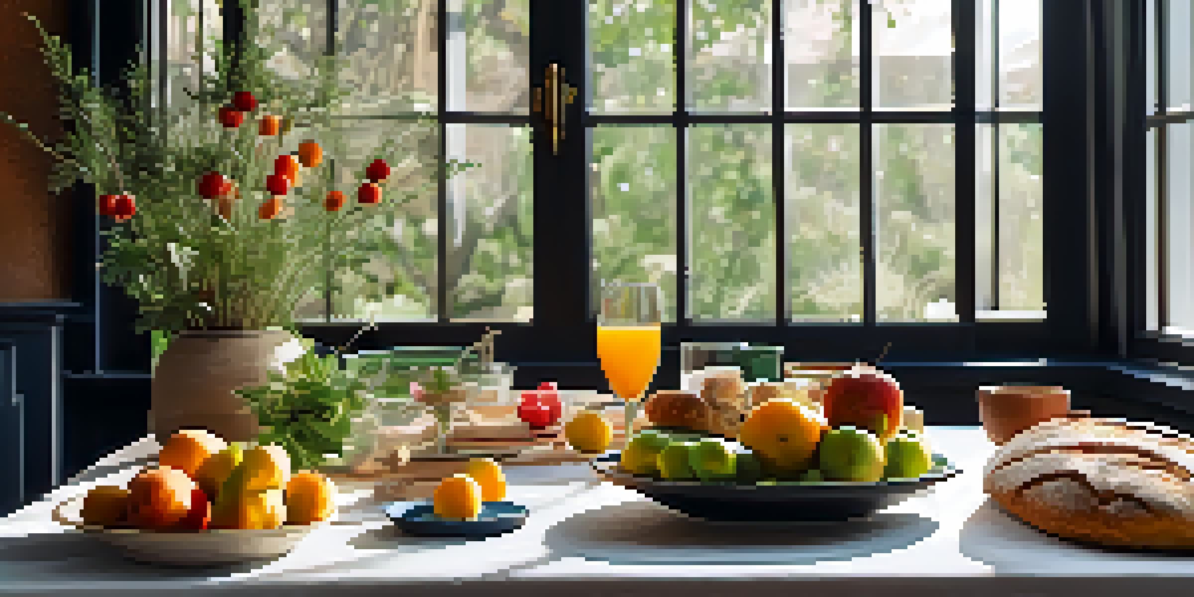 A dining table beautifully arranged with seasonal ingredients and fruits, illuminated by soft natural light, creating a serene atmosphere for mindful eating.