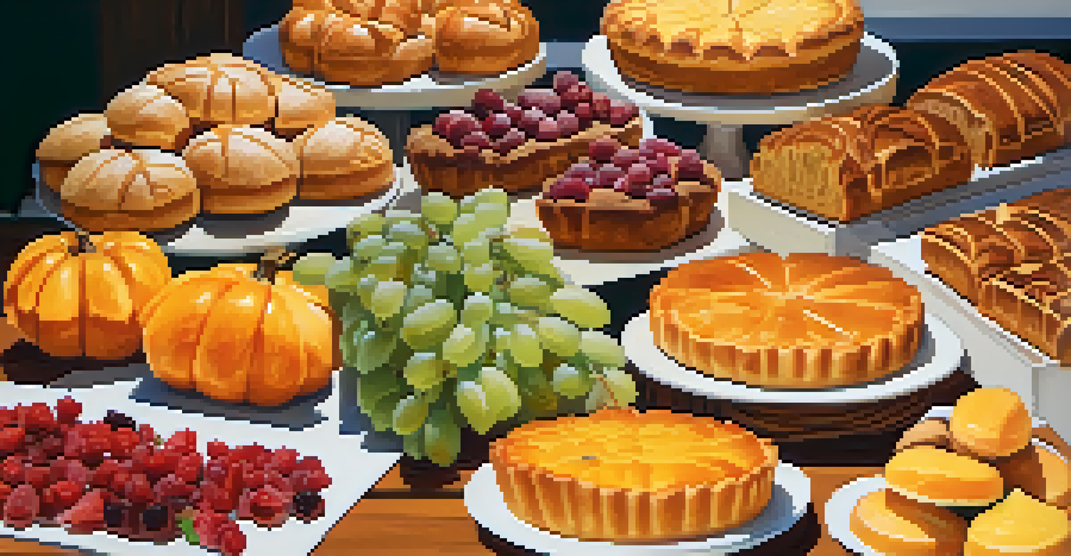 An assortment of freshly baked goods including fruit tarts and pumpkin bread displayed on a wooden table in a warm, inviting atmosphere.