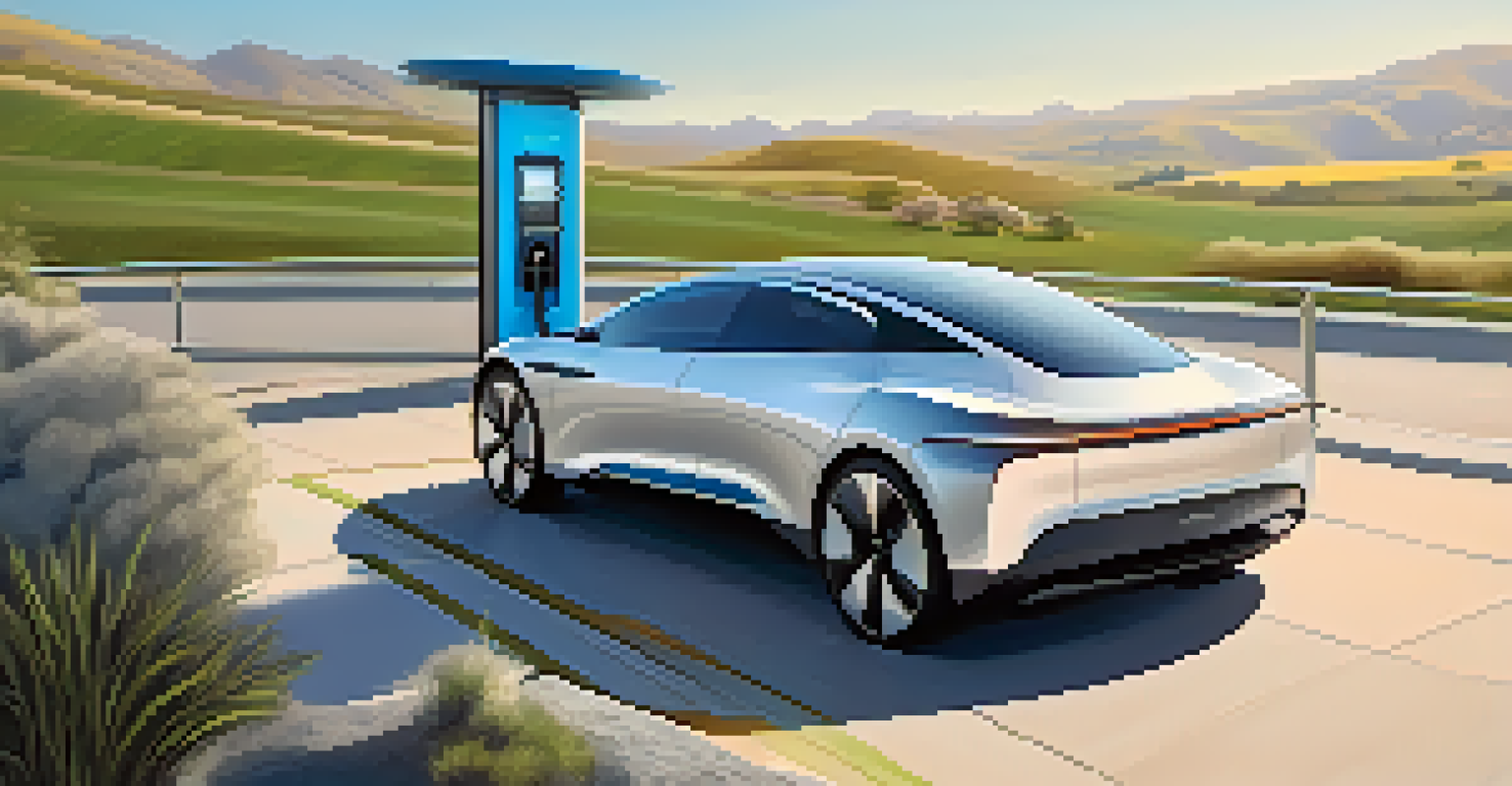 A close-up of an electric vehicle charging at a DC fast charging station, surrounded by beautiful hills and a clear sky.