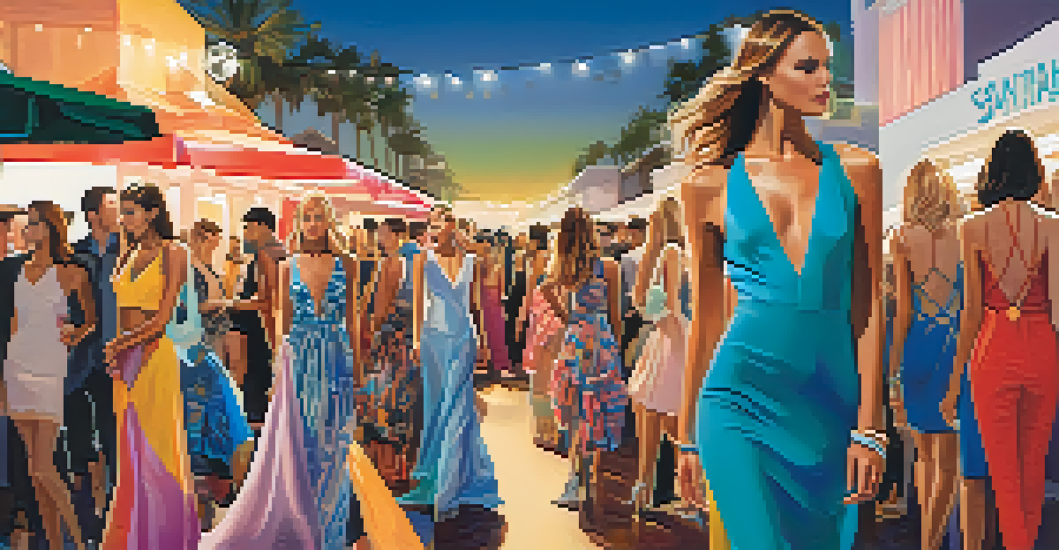 A fashion event in Santa Monica with a runway show, showcasing local designers and colorful collections, with an engaged audience and bright lights.