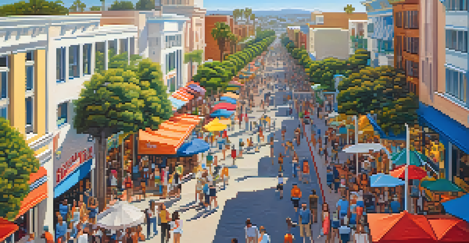 Aerial view of Third Street Promenade in Santa Monica, bustling with shoppers and performers.