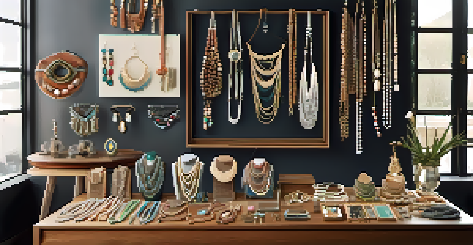 A close-up of a beautifully arranged display of handmade jewelry in a boutique, showcasing necklaces and bracelets under soft natural light.