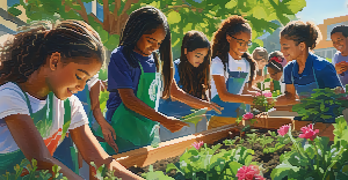 Students participating in a sustainability workshop outdoors, planting seedlings and learning about recycling in a community garden.