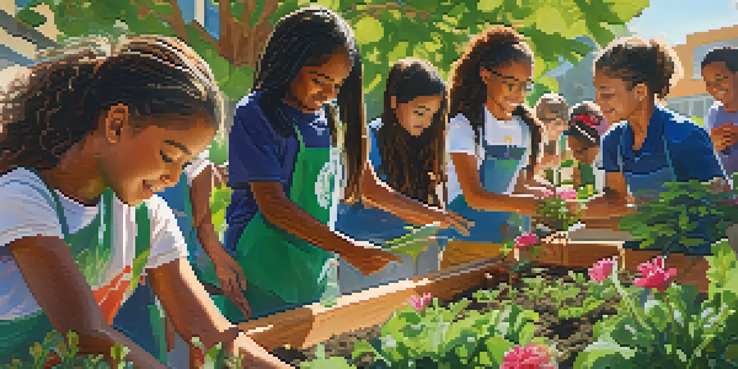 Students participating in a sustainability workshop outdoors, planting seedlings and learning about recycling in a community garden.