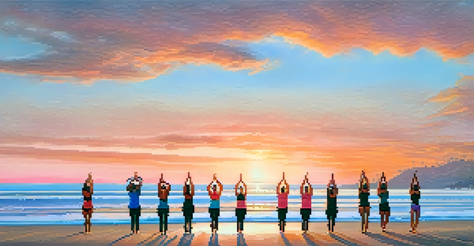 A beautiful sunset at Santa Monica beach with people practicing yoga on the sand, surrounded by palm trees.