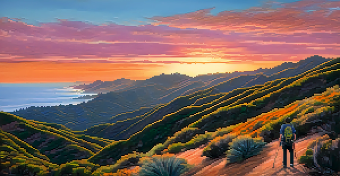 A sunset view from a hiking trail overlooking the Pacific Ocean and hills, with a hiker in the foreground.