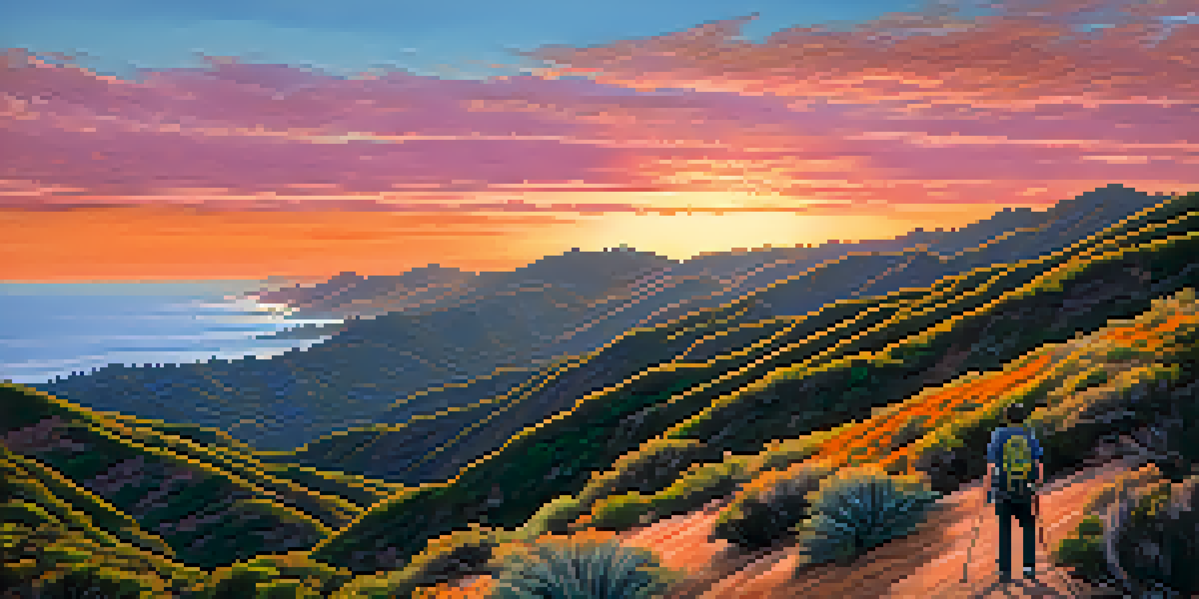 A sunset view from a hiking trail overlooking the Pacific Ocean and hills, with a hiker in the foreground.